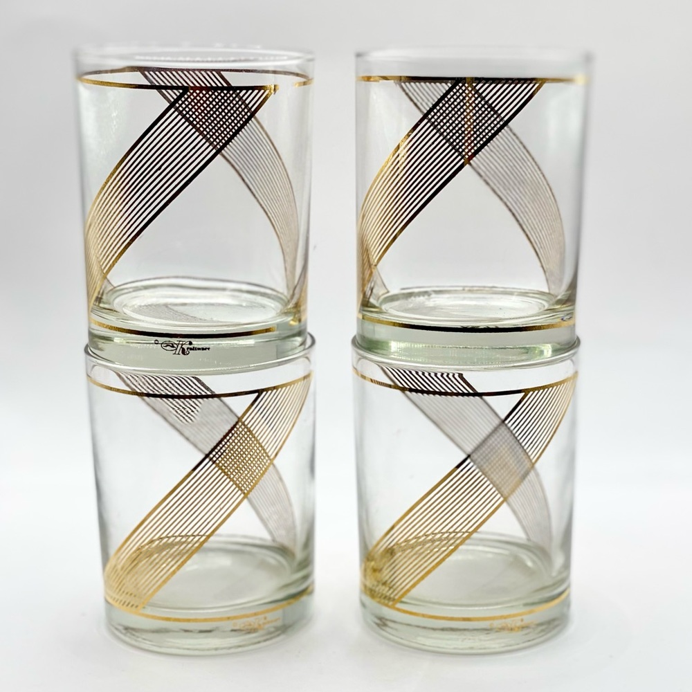*VINTAGE* Set of 4 MCM Kraftware Clear & Gold Glasses